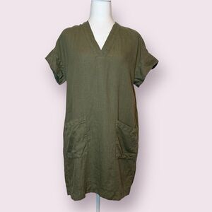 Lou & Grey Linen Lagenlook Shift Dress Olive Green Size XS